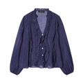 Dettaglio di elegante camicetta in chiffon blu navy con scollo a balze e trama setosa - XS / Blu navy