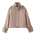 Detailed close-up of khaki short wool coat featuring high collar and black buttons - S / Camel