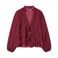 Dettaglio camicetta in chiffon bordeaux con scollo a V, volant e bottoni bianchi - XS / Borgogna