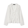 Elegante witte chiffon blouse met V-hals, gelaagde ruches en lange elastische mouwen - XS / Wit