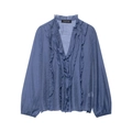 Camicetta in chiffon blu scuro con scollo a V, balze a strati e stile retrò romantico - XS / Blu