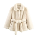 Cappotto corto in ecopelliccia bianco panna con cintura coordinata e revers classici - S / Bianco Sporco