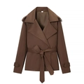Close-up detail of dark brown short trench jacket with classic collar and adjustable cuffs - Dark Coffee