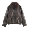 Dark brown faux suede bomber jacket with detachable faux fur collar and large chest pockets - S / Coffee