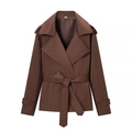 Detail of a brown cropped trench coat featuring wide lapels, belt, and shoulder epaulettes - Dark Brown