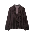 Elegante camicetta in chiffon cioccolato con scollo a V, volant e finitura lucida - XS / caffè