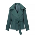 Detail of dark green short trench coat with adjustable cuffs and waist belt - Dark Green