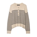 Elegante jersey de punto a rayas beige y negro con cuello redondo abotonado de manga larga - XS / Caqui
