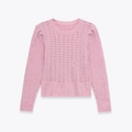 Pink pointelle knit sweater with round neck and wave textured openwork design - S / Pink