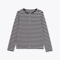 Women's French style navy and cream striped knit cardigan with buttons shown in a flat lay - S / Navy Blue and White Striped