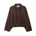 Blouson aviateur femme marron foncé en suédine avec col à revers et ourlet élastique - Café