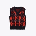 Gilet classico in maglia a rombi rosso e nero con scollo a V e finiture a costine - S / Come mostrato