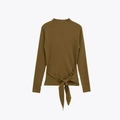 Slim fit knit sweater for women with turtleneck and elegant front bow tie detail - S / Olive Brown