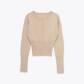 Minimalist beige knit cardigan featuring a round neck, button front, and ribbed cuffs - S / Beige
