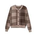 Klassische Strickjacke mit Rundhalsausschnitt und Karomuster in Braun und Beige - S / Braun Patchwork