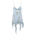 Floral print mesh mini dress with draped neckline and ruffled hem in light blue - S / Blue