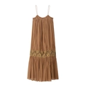 Elegant brown pleated maxi dress with spaghetti straps and floral lace embroidery - XS / Coffee
