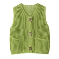 Grass green sleeveless knit vest with V-neck, golden buttons and openwork crochet texture - S / Light Green
