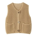 Detail of crochet knit vest in apricot with hollow texture and metallic buttons - S / Khaki