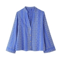 Lichtblauwe damesoverhemd met lange mouwen van katoen en linnen met wit borduursel - XS / Blauw