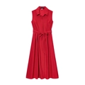 Elegant sleeveless red shirt dress with classic collar and tie waist belt in vibrant red - XS / Red