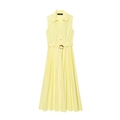 Pale yellow sleeveless poplin midi shirt dress with button front and buckled waist belt - XS / Yellow