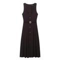 Sleeveless deep brown midi dress with pleated belt and golden button accents - XS / Coffee
