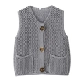 Detailed view of grey knit vest featuring textured openwork and vintage gold buttons - S / Gray