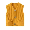 Detail of yellow V-neck knit vest featuring large silver buttons and side patch pockets - Earthy Yellow