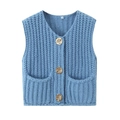 Detail of blue V-neck knit vest featuring thick texture and golden embossed buttons - Sky Blue