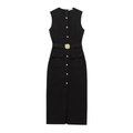 Elegant black sleeveless midi dress with gold buttons and a metallic buckle belt - Black
