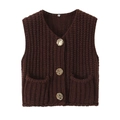 Close-up of deep brown chunky knit vest featuring V-neck and textured gold buttons - Coffee