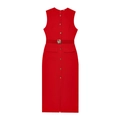 Red sleeveless midi dress with gold buttons and matching belt with gold buckle - Red