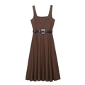 Vestido midi sin mangas marrón con cinturón negro y silueta de corte amplio elegante - XS / café