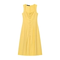 Dettaglio vestito midi in lino giallo con scollo quadrato e bottoni frontali - Giallo