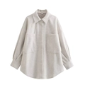Oversized oatmeal shacket with large pockets and long sleeves in thick wool texture - XS / Oatmeal White