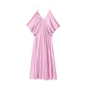 Pink satin slip dress with deep V-neck and draped silhouette on a white background - S / Lotus root pink