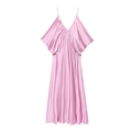 Minimalist bright pink satin maxi slip dress with thin straps and deep V-neckline - XS / Pink