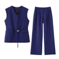 Donkerblauwe tweedelige set met mouwloos vest met riem en wijde broek met een hoge taille - S / Donkerblauw