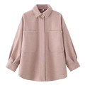 Minimalist dusty pink wool blend shacket featuring oversized pockets and a curved hem - Light Pink