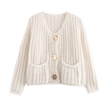 Cárdigan de punto grueso color crema con cuello en V, botones dorados y bolsillos - S / Blanco lechoso