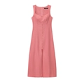 Midi-Leinenkleid in Altrosa mit eckigem Ausschnitt und goldenen Zierknöpfen - XS / Wassermelonenrot