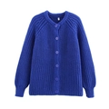 Classic royal blue chunky knit cardigan with round neck and matching button front closure - S / Dark Blue