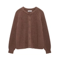 Chocolate brown chunky knit cardigan with classic crew neck and button-down front - S / Brown