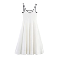 White sleeveless midi A-line dress featuring high-contrast black trim and piping - XS / White