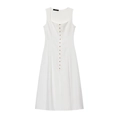 White sleeveless linen-blend midi dress with square neck and gold decorative buttons - White