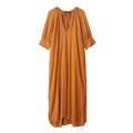 Elegant deep orange linen blend long V-neck dress with side slits and tie detail - XS / Caramel Orange