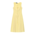 Pale yellow sleeveless A-line linen midi dress with front buttons and square neckline - Light Yellow