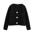 Women's black chunky knit cardigan with gold buttons and symmetrical front pockets - Black
