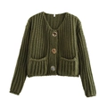 Cropped military green chunky knit cardigan with V-neck, large bronze buttons and two pockets - Army Green